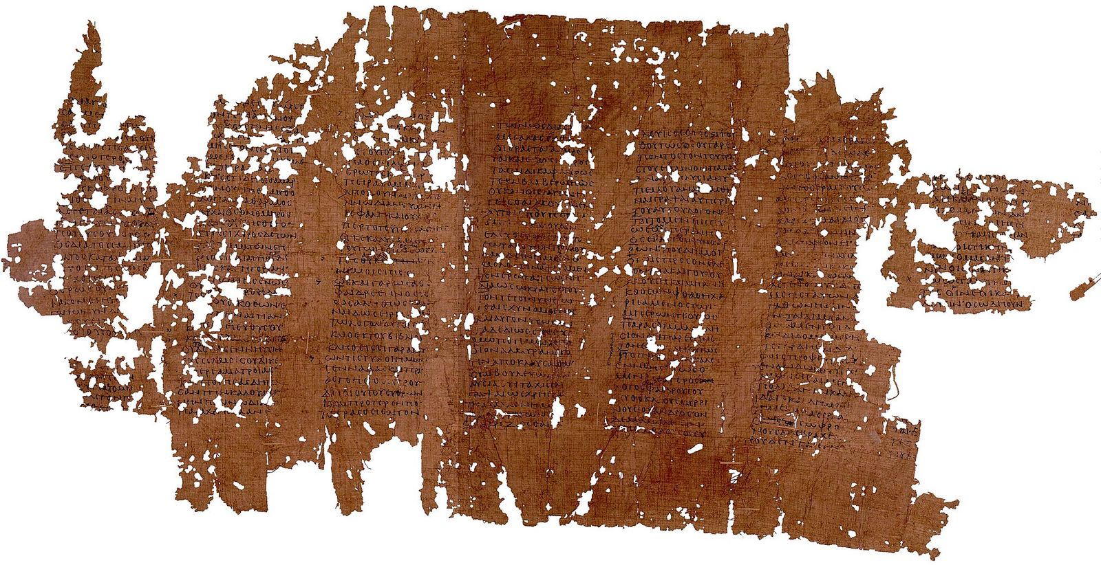 A torn, reddish-brown papyrus fragment covered in columns of Greek writing.